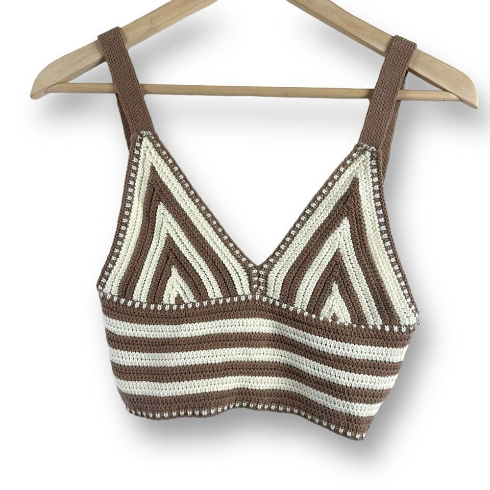 Hazel Moon Women's S Crochetted Festival Crop Tank Brown Cream Swirl Boho Hippie